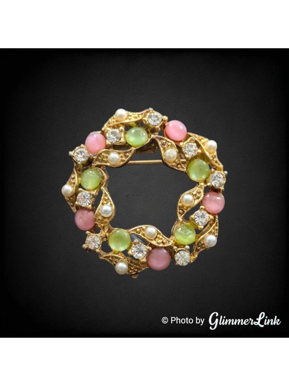 Vintage Pastel Multicolor Moonglow Cabs Faux Pearl Rhinestone Wreath Brooch Pin